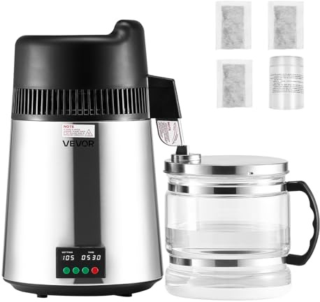VEVOR Destilador de Agua Pura de 6 L, para Encimeras de Casa, Destilador de Vidrio Efectivo de 900 W, Interior de Acero Inoxidable, para Preparar Agua Limpia, Color Plateado, 300 x 300 x 500 mm