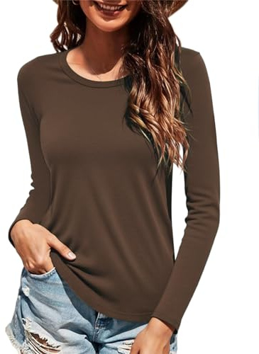 Wayleb Long Sleeve Tops Women Round Neck Slim Fit Basic T Shirt | Soft Stretch Fabric, Round Neck, Slim Fitted Shape, Curved Hem, Easy Layering, Daily Casual Wear, Sizes S to XXL