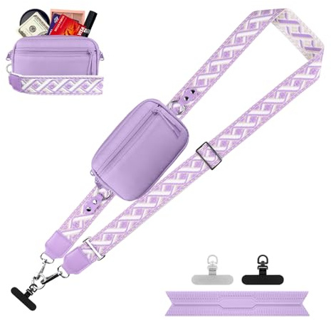 YFWE Handy-Gurt mit Geldbörse Crossbody | Abnehmbare RFID Blocking Armband Geldbörse | Universal Handy Lanyard mit 360° Drehbaren Clips für alle Smartphones (Purple Musterband - M)