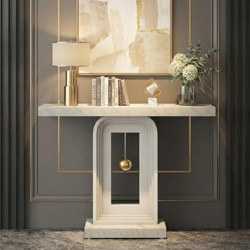 Lailang 100cm Console d'Entrée, Console Canapé, Table Console Entree, Console Meuble Bois, Meuble Decoration Salon, Console Entree Design, 100 x 30 x 82 cm, Blanc Faux Marbre