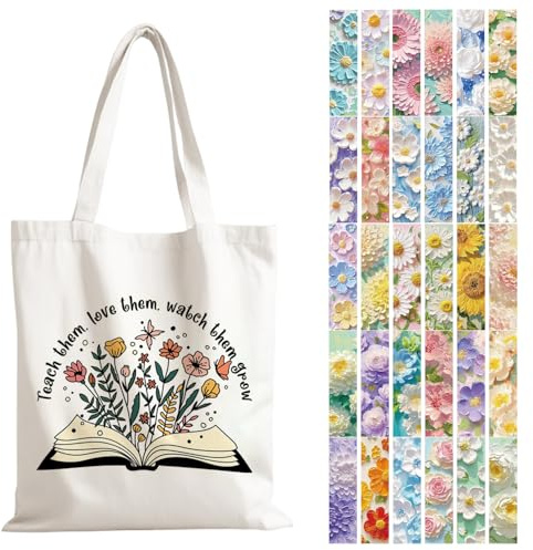 Borsa Da Lettura Da 1 Pezzo E Segnalibro Floreale Da 30 Pezzi, Borsa Di Tela Per La Giornata Dell'Insegnante, Custodia Per Lo Shopping Di Viaggio, Accessori E Strumenti Per La Lettura Di Libri.