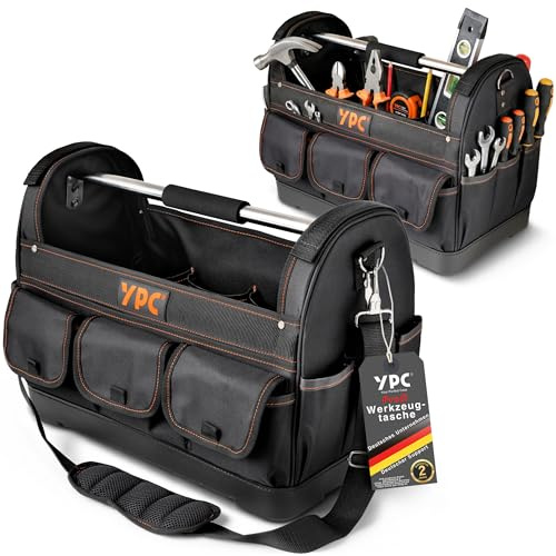 YPC Pioneer Werkzeugkorb XXL – Profi tragbare Werkzeugtasche mit stabilem Boden, Wasserfest, Reißfest, Schultergurt mit Polster & Metall-Handgriff, Schwarz, 45x35x23cm – 20 kg Tragkraft