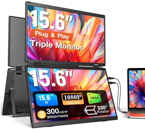 Kwumsy Monitor Portatile per Laptop 15,6 Pollici, Monitor Doppio Pieghevole FHD IPS 1080P, Estensione Schermo per Laptop, USB-C Plug & Play, Supporto Rotazione & VESA, Compatibile con Windows e Mac
