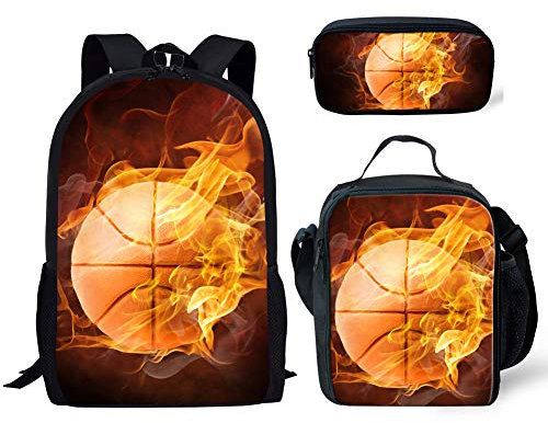 HUGS IDEA Fire Basketball Rucksack Kinder Jungen Schultasche mit Lunchbox Stifteetui 3-in-1