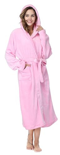 RONGTAI Damen Bademantel aus Plüsch mit Kapuze und Taschen, flauschige Nachtwäsche, rose, Large