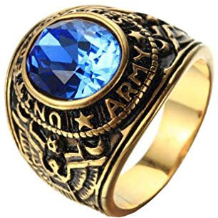 OAKKY Herren Edelstahl Weinlese Amerikanische Soldaten Eagle Set mit Edelstein Ring Blau Gold Überzogen Größe 62 (19.7)