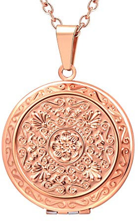 U7 Rosegold Locket Europäische Blumen Medaillons für Damen Retro Rund Medaillon zum Öffnen für Bilder Foto Anhänger Halskette Amulett Souvenir Kettenanhänger Mode Personalisiert Schmuck für Herren