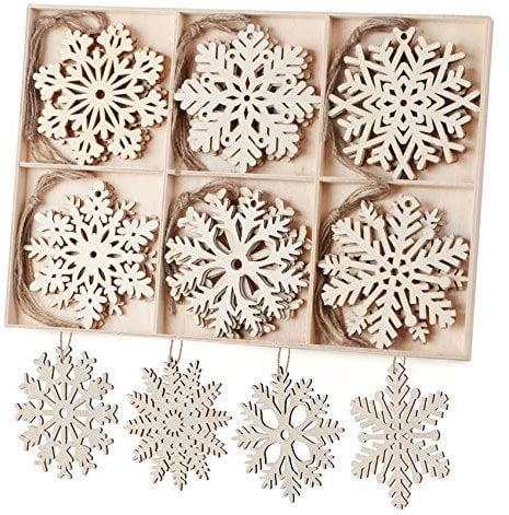 ilauke 30pcs Wooden Snowflakes Hollowed Snowflakes Embellishments Christmas Tree Hanging Ornaments with Rope for Christmas Decoration