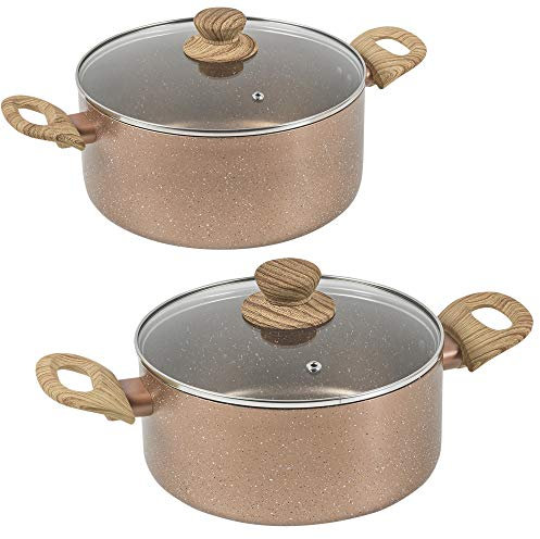Antihaft-Kasserolle, Keramik, Induktion, Suppentopf, Topf, Suppentopf, Eintopf, Glasdeckel (Roségold-Marmor, 20 cm + 24 cm Set)