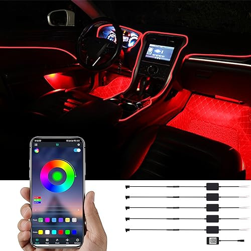 TABEN Auto-Umgebungslicht-Kit, 6 Meter integrierte Glasfaser-Beleuchtungssets für mehrfarbige Atmosphäre, Musik-Sync-Rhythmus-Sound-aktive Speicherfunktion, Bluetooth-APP-Steuerung, DC 12V-24V