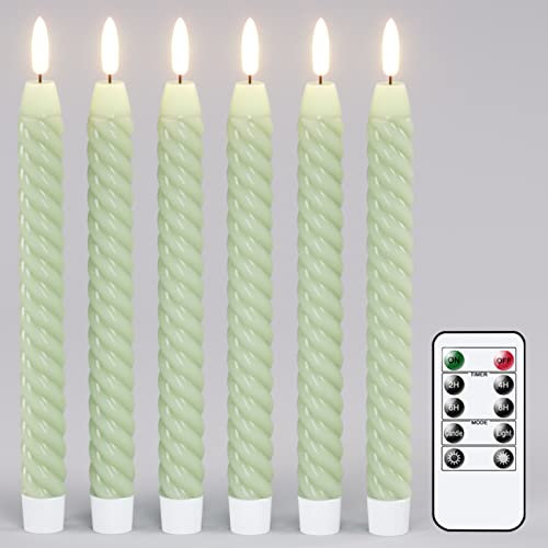 Eldnacele LED Stabkerzen mit Timerfunktion flackernde Flamme, Spiralkerzen gedrehte Stabkerzen dekorative Haushaltkerzen Tropffrei Grün Ø 2 x 25 cm aus Stearin für Restaurants, Hochzeiten und Partys