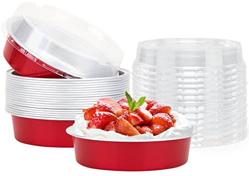 Beasea Lot de 20 mini moules à tarte jetables avec couvercles, 10,2 cm, 227,8 g, rouge vif en aluminium pour dessert, cupcakes, muffins, cheesecakes, ramequins et quiches, plats de four