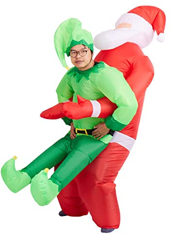 THE TWIDDLERS - Christmas Inflatable Santa Carry Me Elf Adult Costume - Red and Green Blow Up Fancy Onesie Xmas Party Suit - One Size, Fits Up to 2 Metre / 6.5 Ft