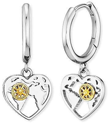 Engelsrufer Damen Creole Aloha aus Sterling Silber mit Herzanhänger Weltkarte und Windrose Bicolor - Clipverschluss - nickelfrei - Größe: 14mm