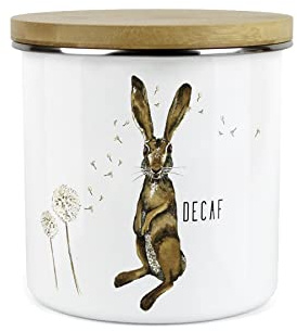 Purely Home Hares and Dandelions Decaf Storage Canister by Rhiannon Chauncey - White Metal Enamel Kitchen Food Storage Container