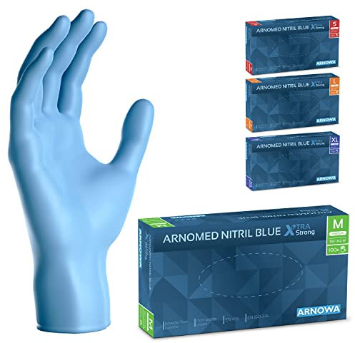 ARNOMED Gants jetables Bleu Extra Fort, Gants nitrile taille M, 50% plus épais, 100 p./boîte, Gants jetables non poudrés, Gants en nitrile mecanique sans latex, gant jetable en tailles S, M, L & XL