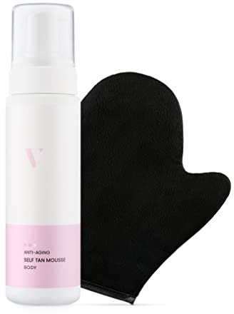 VENICEBODY Anti Aging Self Tan Mousse Set (200ml) – Selbstbräuner für den Körper mit Anti-Aging Complex, schnell trocknend, zieht schnell ein, klebt nicht - Mit Luxe Handschuh