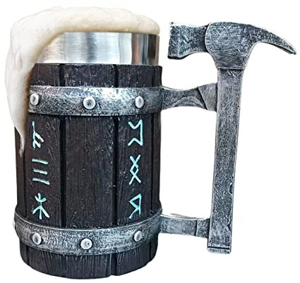 Mittelalterliche Drachen Bierkrug,Wikinger Bierkrug,Holzfass krug, Edelstahl Bierbecher,Retro-Stil Kaffeetasse Krug 550 ml Harz-Gothic-Tasse mit Griffen, für Heißgetränke, Kaffee, Bier,Trinken (Stil1)