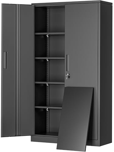 Greenvelly Metal Garage Storage Cabinet, 72” Locking Black Tool Steel Cabinet with Doors and 4 Shelves, Tall Metal Cabinets with Garage Storage Systems for Home Office, Kitchen/Pantry