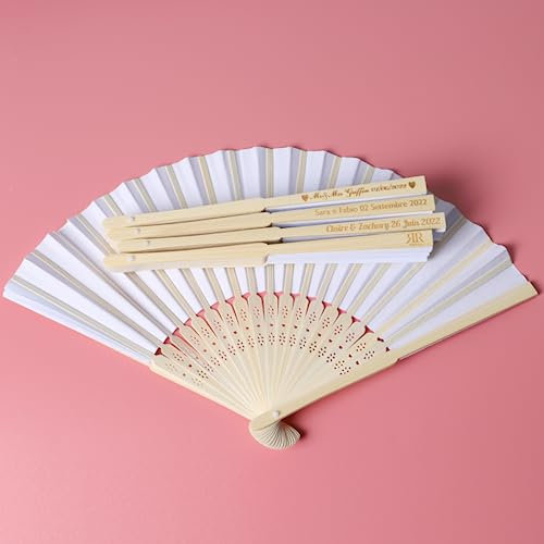 agsu Personalized Custom Wedding Fan + Organza Bags, Name and Date Folding Hand Held fan Bamboo paper for Church Wedding Gift, Wall Decoration, Party Favor, DIY Wall, Vintage Fan (20pcs)