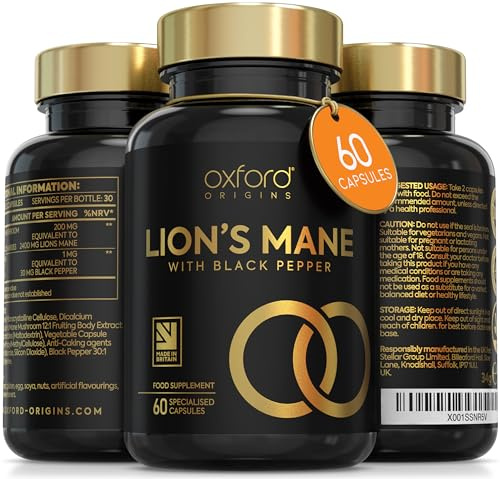 Advanced Lions Mane Mushroom 2400mg - 60 High Strength Vegan Capsules - Lions Mane Supplement with Black Pepper - Lion's Mane Mushroom Supplement (not Lions Mane Powder or Tablets) Made in The UK
