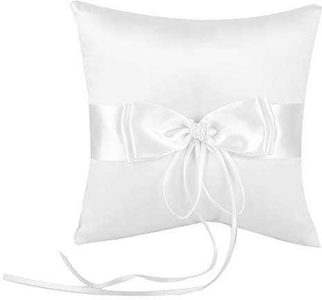 Greensen Hochzeit Ringkissen Ehering-Kissen Ringkissen mit Satinband Schleife und Perle Wedding Ring Pillow für Anträge, Verlobungen oder Eheschließungen, Weiß (20 * 20CM)
