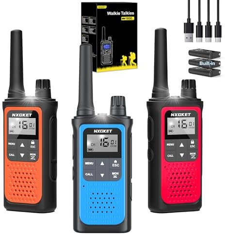 Walkie Talkie Profesional Recargable, NXGKET 3pcs PMR 446 Sin Licencia Radiocomunicación Largo Alcance con Batería Incorporada,16 Canales Radio LCD Pantalla y Luz LED para Camping
