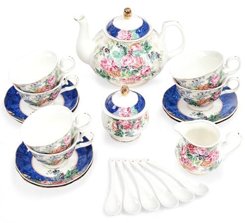 fanquare Servizio da Tè in Porcellana a 15 Pezzi con Fiori Blu, Set di Tazze e Piattini in Ceramica a Fiori Rosa per 6 Persone, Servizio da Caffè in Porcellana per Adulti e Donne