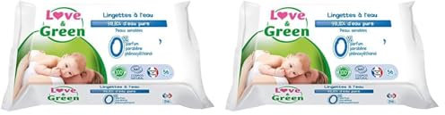Love & Green Lingettes à l'eau Saines et Ecologiques - Paquet de 56 Lingettes - Certifiées Cosmos Natural par ECOCERT et FSC - Emballage recyclable (Lot de 2)