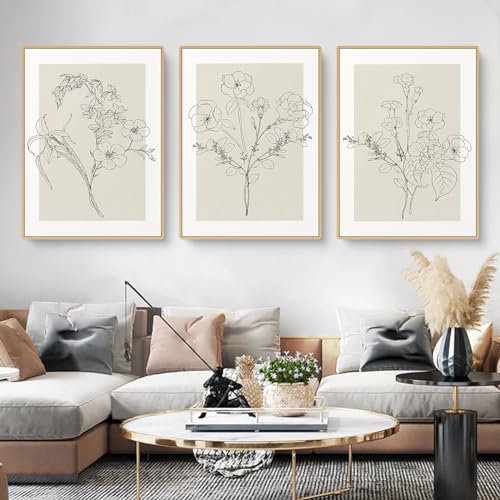 Uixxducc Blumen Bilder Wohnzimmer Poster 3er Set Einfachheit Linie Blumen Wandbilder Kunstposter Boho Wanddeko Aesthetic Bilder Leinwand Ohne Rahmen (40 x 50 cm/ 15.7 x 19.7 in)