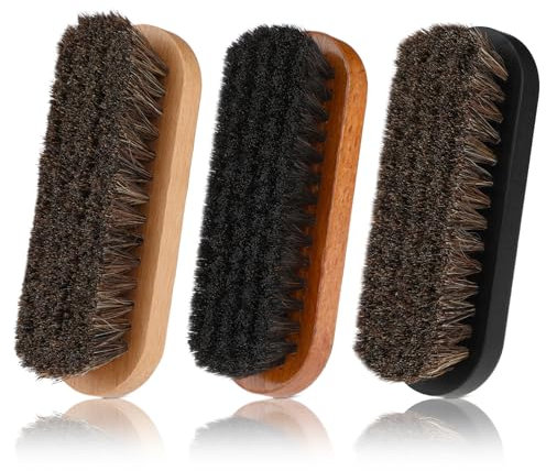 Amabro 3-Piece Horsehair Shoe Brush Set - Shoe Brush, Leather & Suede Shoe Cleaner - Wooden Handle - Car Seats, Sofas, Bags, Sneakers