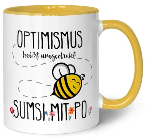 Bedruckte Tasse mit Spruch - Optimismus heißt umgedreht Sumsi mit Po - Witzige Geschenkidee für Arbeit Büro - Geschenk für Freunde Imker & Bienen Züchter - Farbe: Gelb
