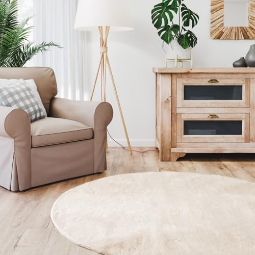 Interiyou Fargo - Teppich Wohnzimmer 160x160 cm Rund Beige - Kurzflor Waschbar und rutschfest - Flauschiger Fellteppich aus Kunstfell - weicher Langflor Fell