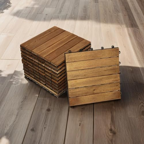 Loreno Akazienholz Holzfliesen 11er Set, 30x30 cm Klicksystem, Wetterfest und Frostsicher - Balkonfliesen, Terrassenfliesen, Balkon und Terrassenboden - Ideal für Außenbereich und Garten, Fliese 01