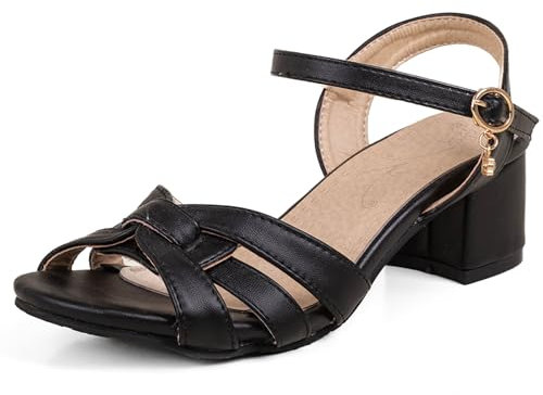 OALEEN Sandales Femme Eté Petit Talon Carré Bride Cheville Nu-pieds PU Cuir Confortable Chaussures Ouverte Soirée Mariage Noir 42