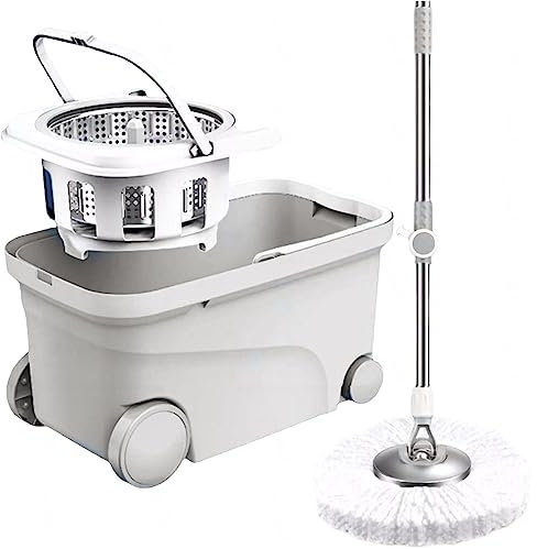 Cubo para fregona giratoria con juego de escurridor, fregona para suelo con 4 ruedas de fácil movimiento, mango ajustable de acero inoxidable, 5 recambios de cabezal de repuesto de microfibra, 1