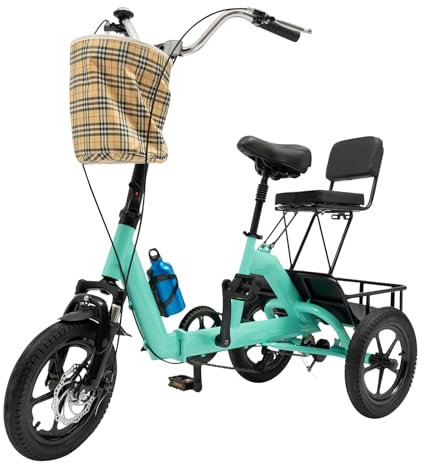 Tricycle Erwachsene 14 Zoll 1 Gang Cruise Dreirad 3 Räder Bike Fahrrad Trike mit Einkaufskorb Wasserkocherhalter und Kindersitz für Anfänger oder Senioren geeignet Zusammenklappbar Cyan
