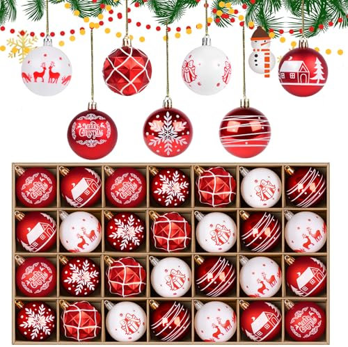 Agoer Juego de 28 bolas de Navidad, bolas de Navidad rojas y blancas inastillables, bolas de adornos colgantes de 60 mm, bolas de plástico festivas de ciervo para árboles de Navidad, coronas y fiestas