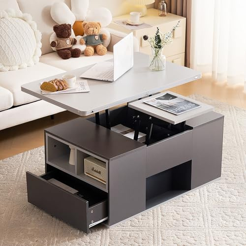 Sapgaks Table Basse relevable,Le Plateau de Table s'ouvre pour Former 2 Tables, Grande capacité, Table Basse Salon, Table Multifonctions,Gris