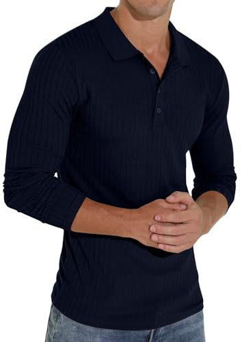 Sailwind Polo Shirts for Men Long Sleeve Tshirts Slim Fit Casual Shirts Classic Stretch Tops Golf Tee (Navy Blue, L)