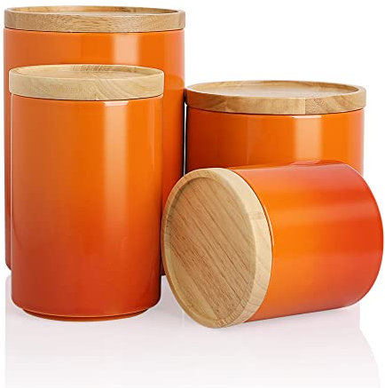 Sweejar Juego de 4 tarros de cerámica para almacenamiento de alimentos, recipientes apilables con tapa de madera hermética para servir café molido, té, hierbas, granos, azúcar, sal, juego de 4