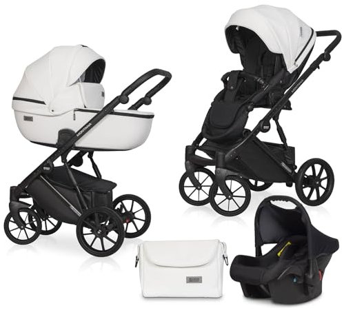 Riko Basic Montana Ecco 3-in-1 BBtwin Eco Leder Trio-Kinderwagen 3-teilig aus Leder (weiß)