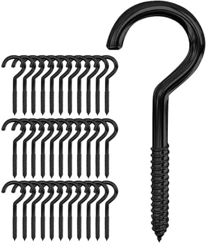 EIYVPRA Gancio a vite nero, 40 ganci da avvitare in acciaio al carbonio, ganci muro, 40 mm, gancio a vite, gancio grande, per amache, poltrona sospesa, cavi fissi, tende da sole, ganci a soffitto