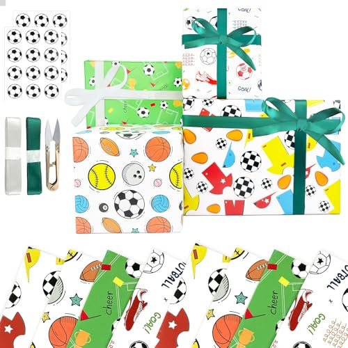 AYSYR 8 Stück Geschenkpapier Geburtstag 50 × 70cm,Fussball Geschenke Für den Kindertag,Geschenkverpackung für Oster Party,Geschenkpapier bedruckt fussball für Ostergeschenke mit 2 Bänder,1 Schere