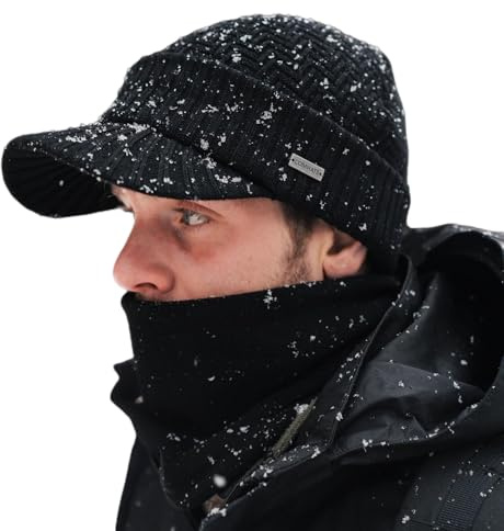 Comhats Warme Schirmmütze mit Fleece-Nackenwärmer, Merino, weich, Schwarz L