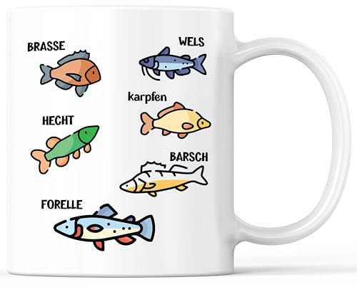 Tasse mit Spruch Fische Angeln Angler Fischen Becher Fliegenfischen Fischer - lustiges Geschenk - Kaffeebecher als Geschenkidee - Kaffeetasse 330ml - Weiss
