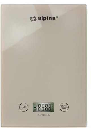alpina Küchenwaage Digital - Küchenwage in g, lb, oz und ml - Präzision Wage mit Tara-Funktion - Küchenzubehör - 22 x 15,5 cm - Beige