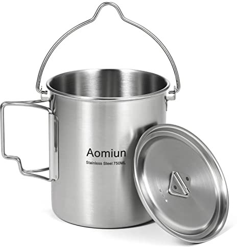 750ml Stainless Steel Pot Portable Water Mug Cup with Lid and Foldable Handle Camping Cooking Picnic