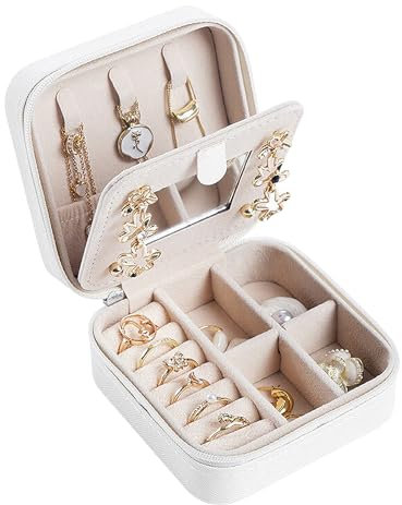 Guyode Portagioie Donna, Porta Gioielli Portatile Porta Orecchini Organizer Pelle Scatola Gioie 10x10x5 cm Gioielli da Viaggio per Conserva Orecchini Anelli Collane Bracciali (Bianco)