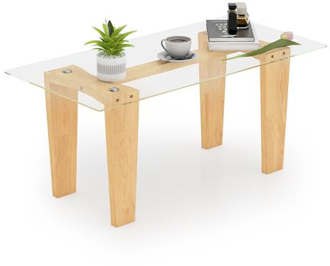 COSTWAY Table Basse en Verre Trempé, Table Basse Bois, Pieds en Bois d'Hévéa Massif, Table de Salon, Minimaliste, Table Basse Verre pour Salon, 100 x 50 x 45 cm